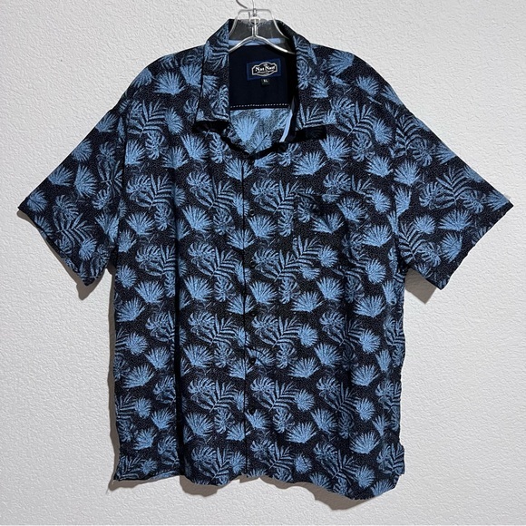 Nat Nast Black with Blue Botanical Fronds Silk Cotton Short Sleeve Camp Shirt XL - Picture 1 of 12